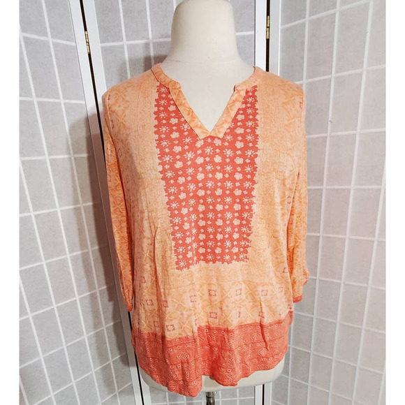 torrid Tops - NWT Lucky Brand Women Orange 3/4 Sleeve V-Neck Shirt Top Tunic Plus Size: 1X